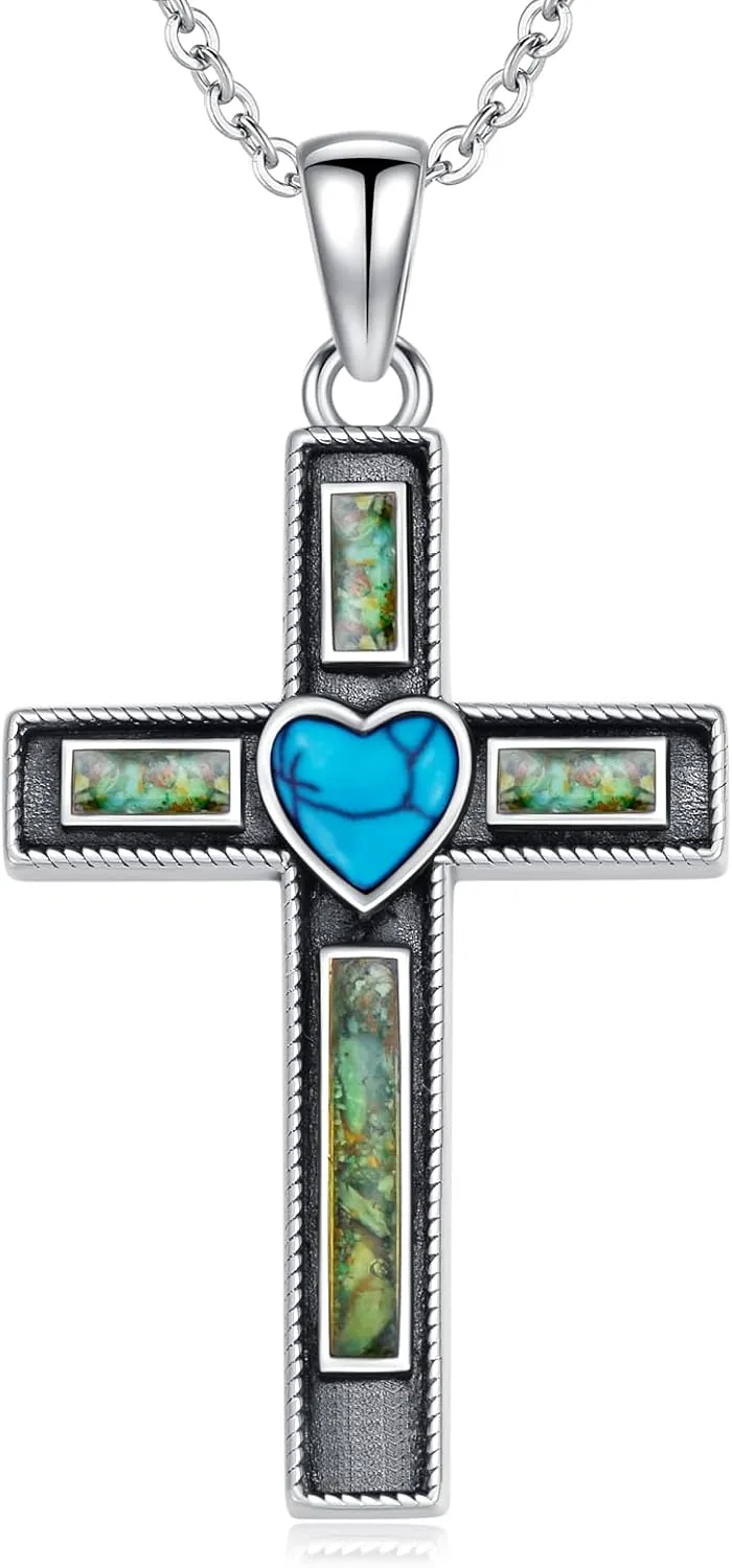 Cross Necklace for Women 925 Sterling Silver Western Turquoise Necklace Religious Cross Pendant Turquoise Western Jewelry Gifts for Christmas Birthday Women Men Good Luck
