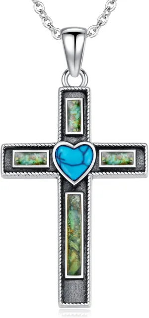 Cross Necklace for Women 925 Sterling Silver Western Turquoise Necklace Religious Cross Pendant Turquoise Western Jewelry Gifts for Christmas Birthday Women Men Good Luck
