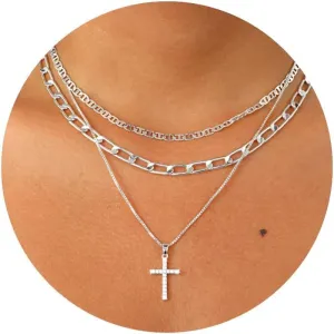Cross Necklace for Women Trendy 14K Gold/Silver Plated Layered Crucifix Necklaces for Women Paperclip Flat Beaded Herringbone Necklace CZ Pendant Simple Religious Minimalist Jewelry Gift
