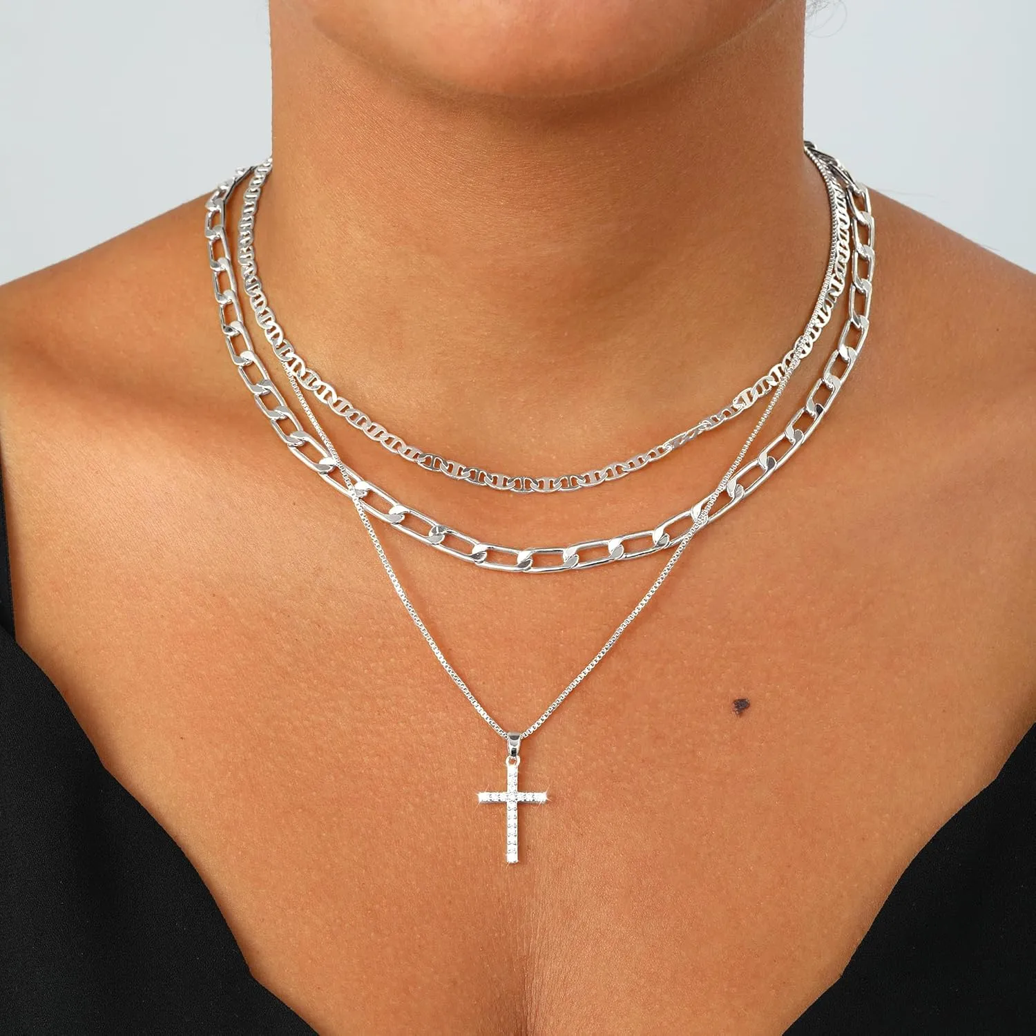 Cross Necklace for Women Trendy 14K Gold/Silver Plated Layered Crucifix Necklaces for Women Paperclip Flat Beaded Herringbone Necklace CZ Pendant Simple Religious Minimalist Jewelry Gift