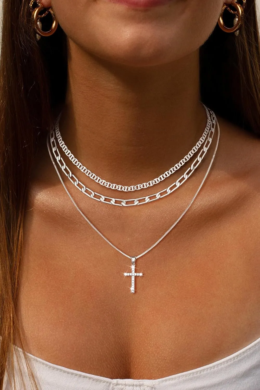 Cross Necklace for Women,14K Gold/Silver Plated Dainty Cross Pendant Layered Necklace Simple Trendy Cute Diamond Cross Charm Chain Jewelry Religious Gifts for Women