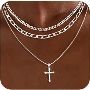 Cross Necklace for Women,14K Gold/Silver Plated Dainty Cross Pendant Layered Necklace Simple Trendy Cute Diamond Cross Charm Chain Jewelry Religious Gifts for Women