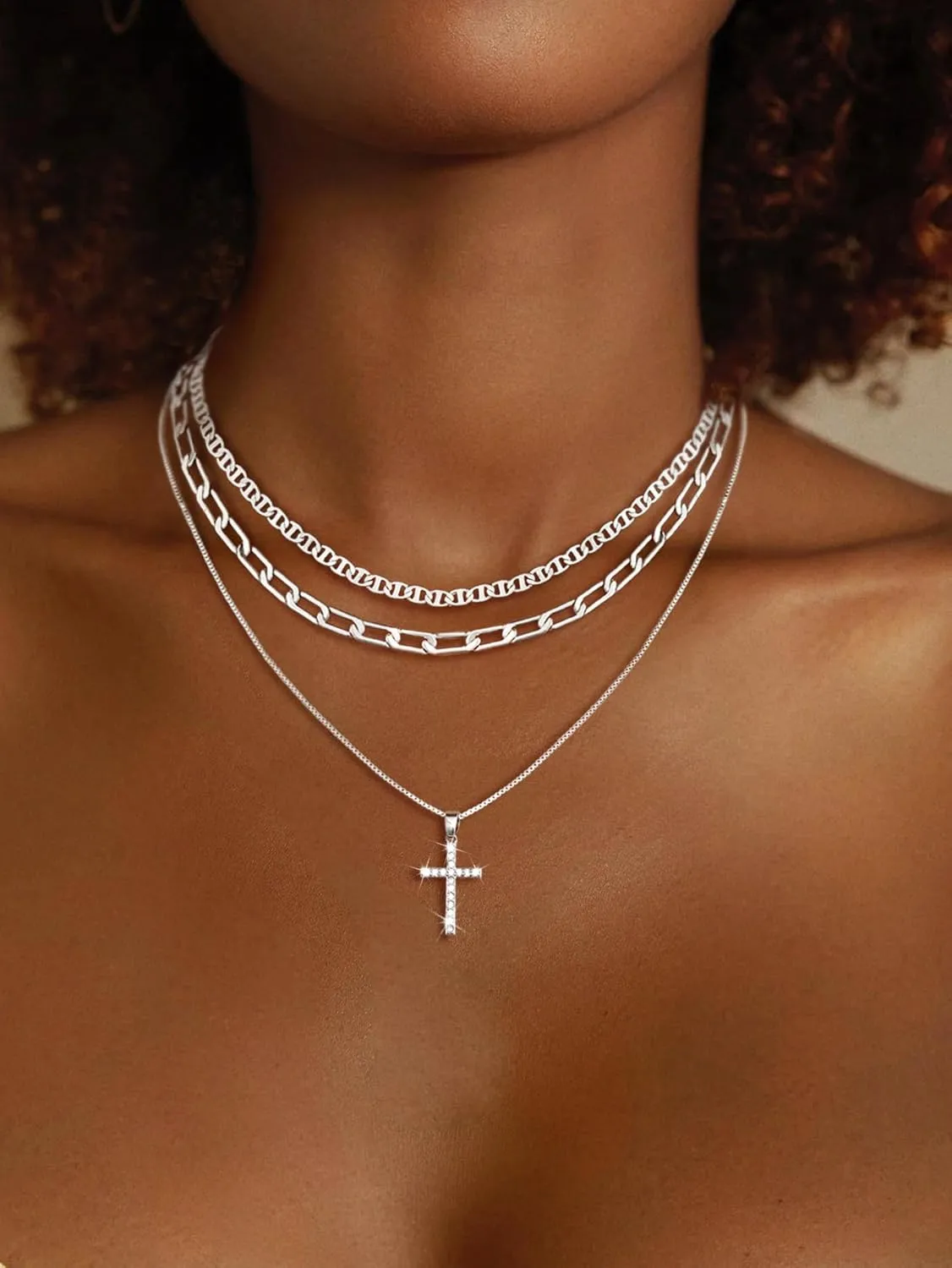 Cross Necklace for Women,14K Gold/Silver Plated Dainty Cross Pendant Layered Necklace Simple Trendy Cute Diamond Cross Charm Chain Jewelry Religious Gifts for Women
