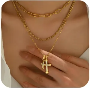Cross Necklace for Women,3PC Gold Layering Layered Necklaces Dainty Stackable Stacked Stacking Paperclip Box Flat Chain Necklace Cross Pendant CZ Diamond Women Jewelry Gift