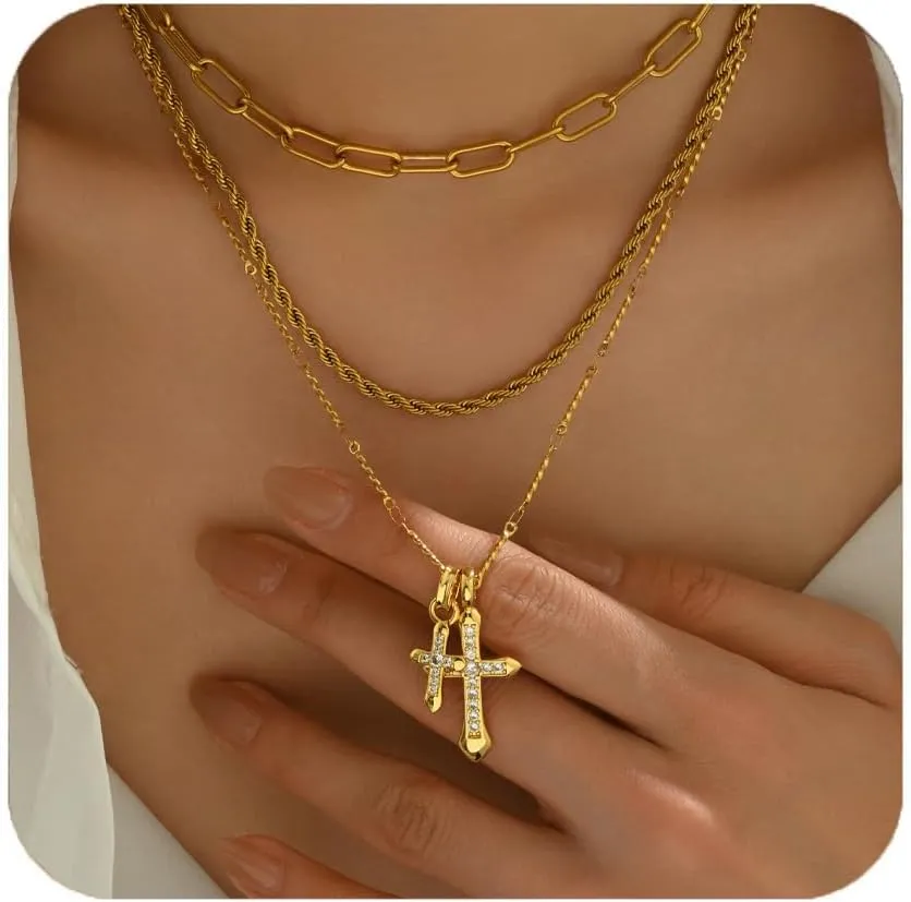 Cross Necklace for Women,3PC Gold Layering Layered Necklaces Dainty Stackable Stacked Stacking Paperclip Box Flat Chain Necklace Cross Pendant CZ Diamond Women Jewelry Gift