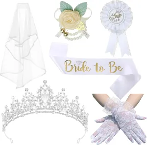 Crown for Women Bride to Be Set, 6 Pack Bride to Be Sash & Crown, Corsage, Lace Gloves & Shoulder Length Veil