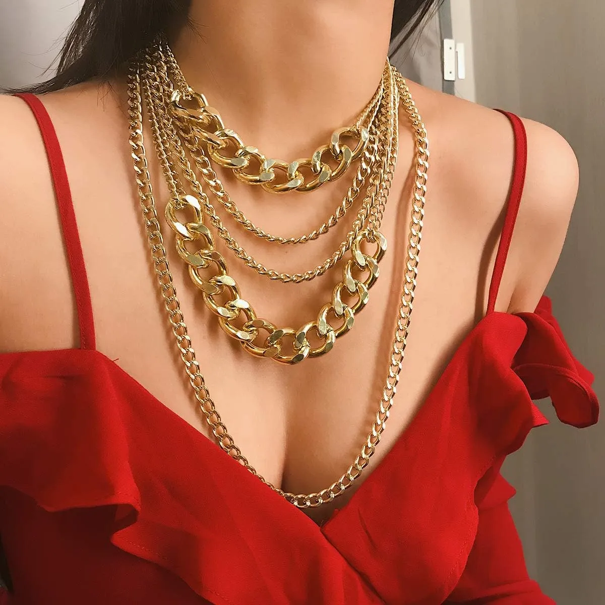 CSIYANJRY99 Chunky Gold Necklaces for Women,Multilayer Punk 80s Hip Hop Necklace,Layered Cuban Link Chain Statement Necklace 90s Freaknik Outfit Accessories for Women