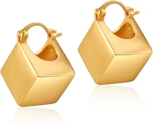 Cube Studs Earrings Geometric 3D Square Cubic 14K Gold Plated Drop Dangle Earrings for Women Fashion Hypoallergenic Huggie Hoop Earrings Lightweight Minimalist Geometric Fashion Earrings