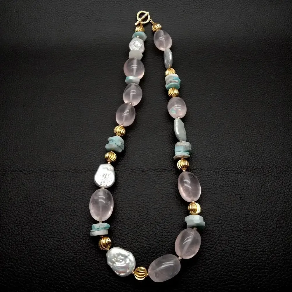Cultured white pearl, rose quartz, blue larimar Necklace