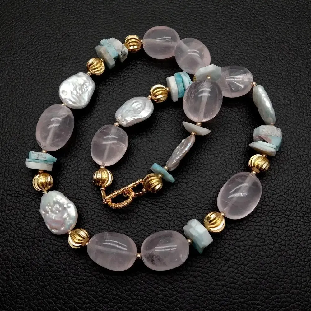 Cultured white pearl, rose quartz, blue larimar Necklace