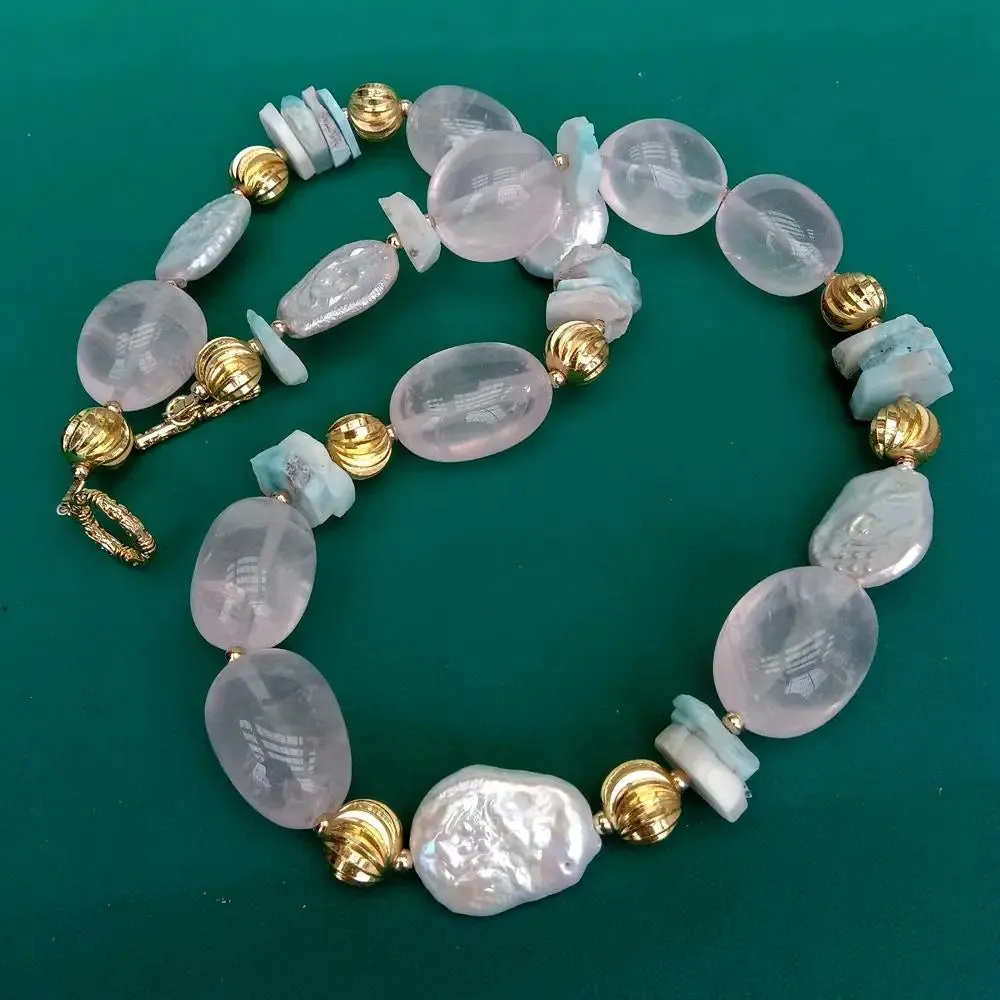 Cultured white pearl, rose quartz, blue larimar Necklace