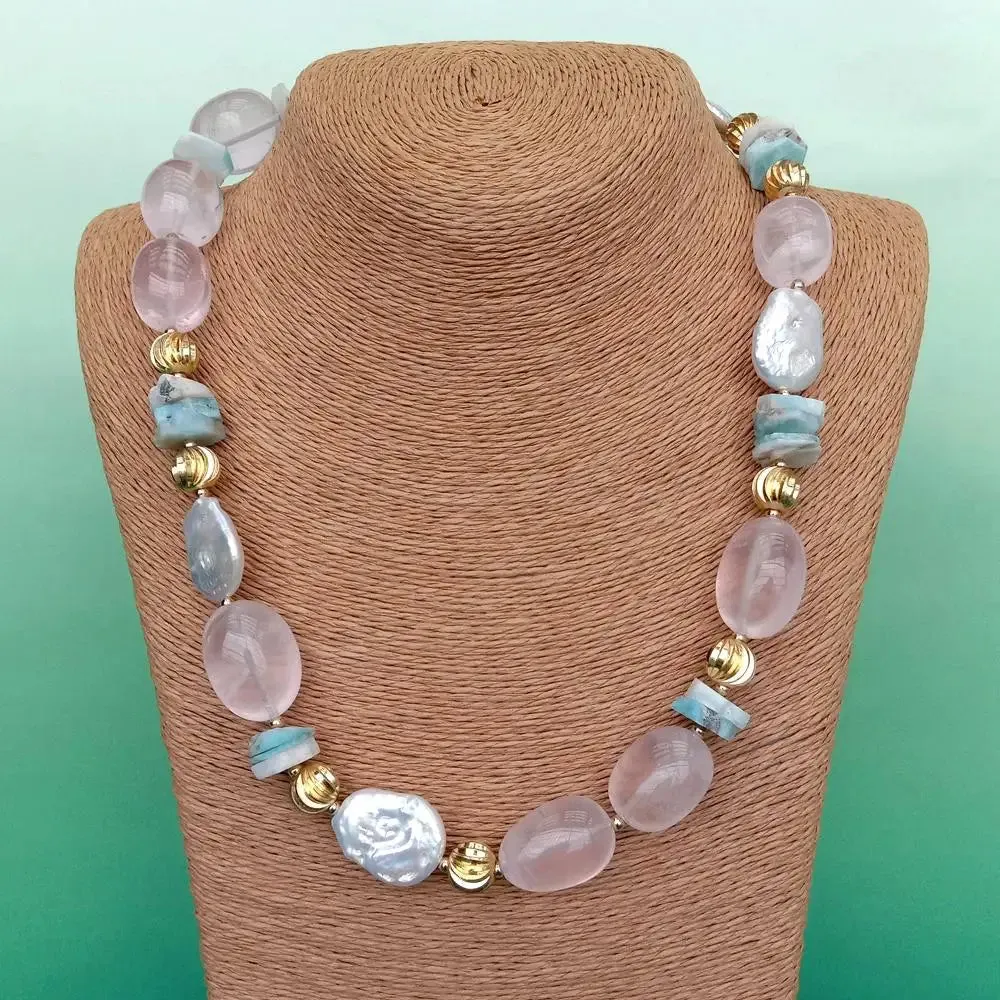 Cultured white pearl, rose quartz, blue larimar Necklace