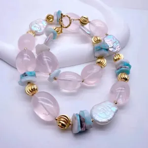 Cultured white pearl, rose quartz, blue larimar Necklace