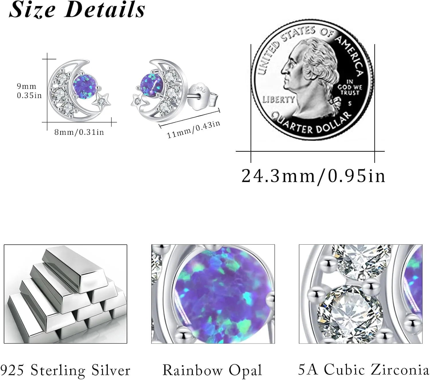 Cuoka 925 Sterling Silver Moon Star Sun Earrings, Opal Celestial Studs Earrings Delicate Moon Star Sun Earrings Jewelry Birthday Graduation Gift For Women