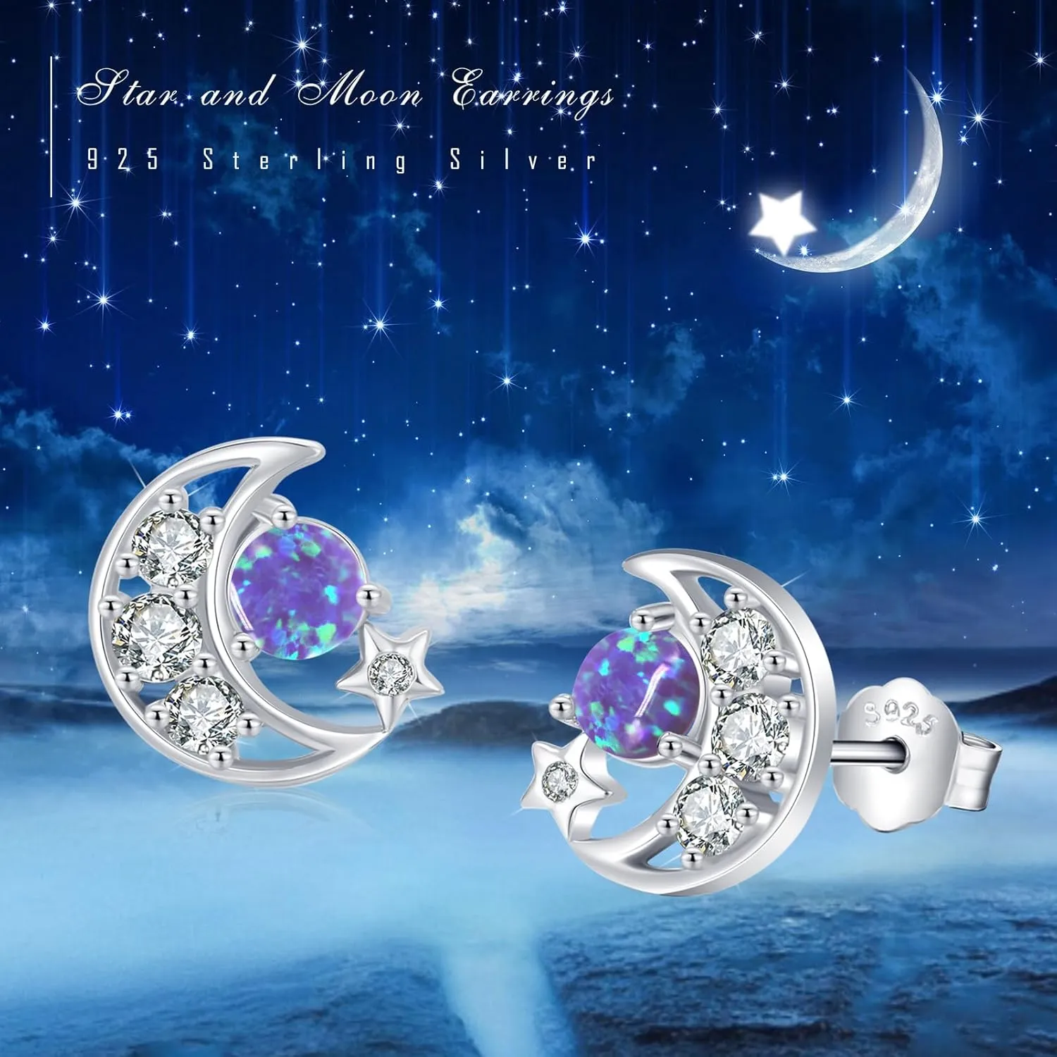 Cuoka 925 Sterling Silver Moon Star Sun Earrings, Opal Celestial Studs Earrings Delicate Moon Star Sun Earrings Jewelry Birthday Graduation Gift For Women
