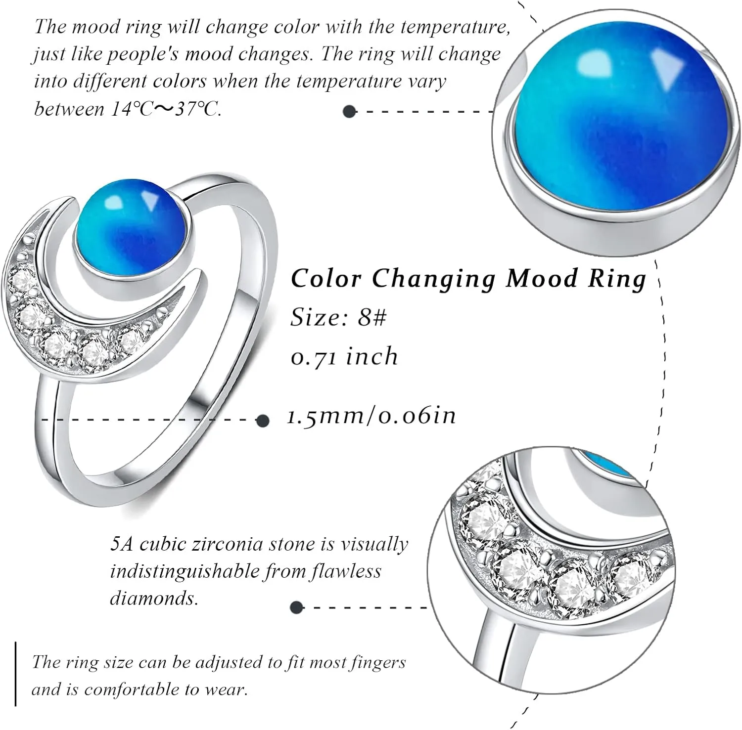 CUOKA MIRACLE Moon Ring, S925 Sterling Silver Crescent Moon Ring Open Ring Adjustable Ring Gift for Women