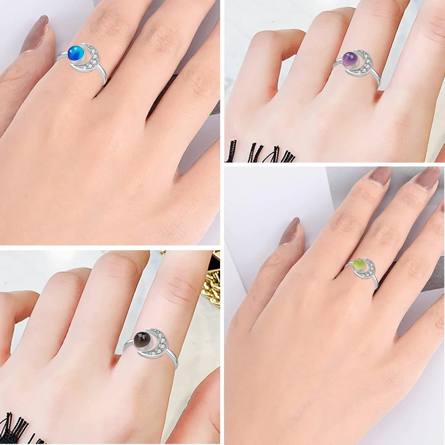 CUOKA MIRACLE Moon Ring, S925 Sterling Silver Crescent Moon Ring Open Ring Adjustable Ring Gift for Women