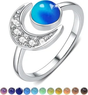 CUOKA MIRACLE Moon Ring, S925 Sterling Silver Crescent Moon Ring Open Ring Adjustable Ring Gift for Women