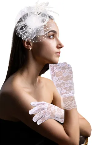 CURASA Fascinators Hats for Women Black White Tea Party Hats with Short Lace Gloves Flower Mesh Pearl Feathers Headwear 20s Bridal Elegant Decorative Wedding Party Prom Jewerly Set Lady Girls