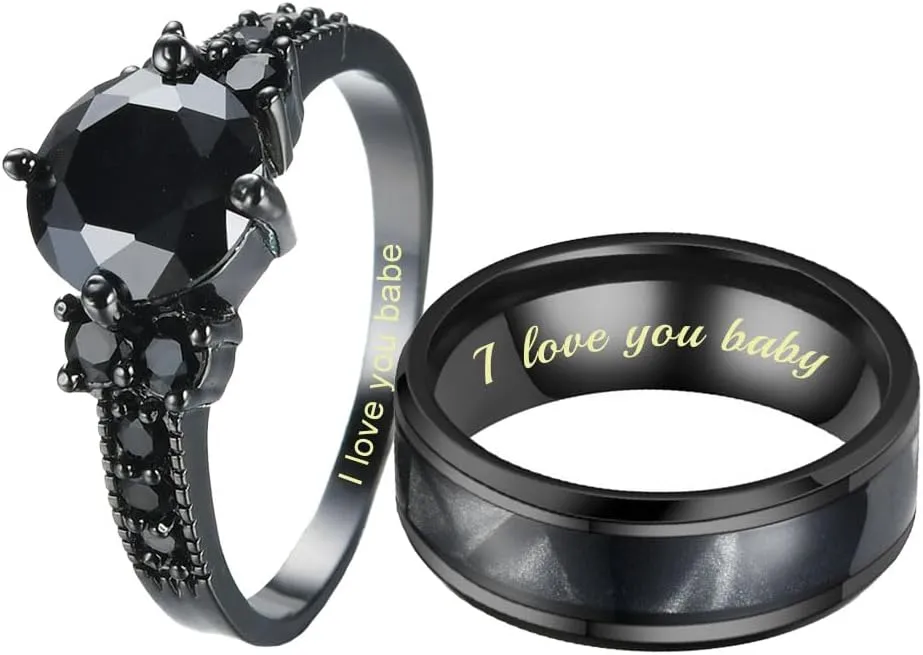 Custom Engraved Couple Rings Set Promise Rings for Him and Her Purple Matching Wedding Rings for Couples Black and Blue Titanium Rings for Men Wedding Band CZ Engagement Ring for Women,Size 5-13