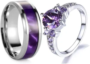 Custom Engraved Couple Rings Set Promise Rings for Him and Her Purple Matching Wedding Rings for Couples Black and Blue Titanium Rings for Men Wedding Band CZ Engagement Ring for Women,Size 5-13