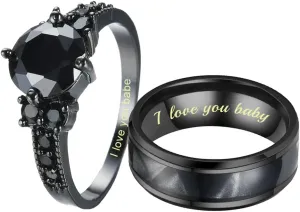 Custom Engraved Couple Rings Set Promise Rings for Him and Her Purple Matching Wedding Rings for Couples Black and Blue Titanium Rings for Men Wedding Band CZ Engagement Ring for Women,Size 5-13