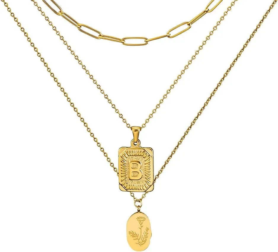 Custom Gold Layered Necklace with Initial and Birthflower Plates Chocker Layer Set for Women Simple Triple Paperclip Square Letter Pendant Necklace Layered Gold Necklaces for Women Jewelry Gifts