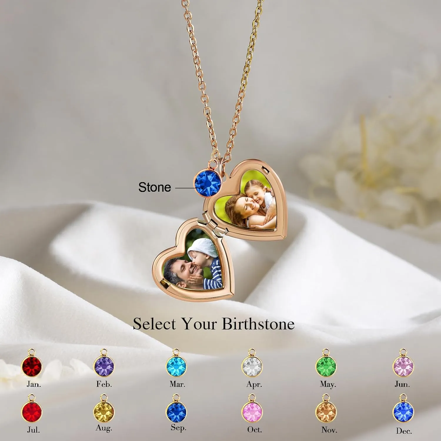 Custom Heart Locket Necklace with Pictures Silver Locket Necklace for Women Personalized Birth Flower & Birthstone Necklace with Names