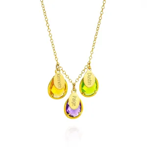 Custom Mom Necklace with Kids Names and Birthstones, Half Bezel Prong Birthstone Necklace with Oval Name Tags on the Chain