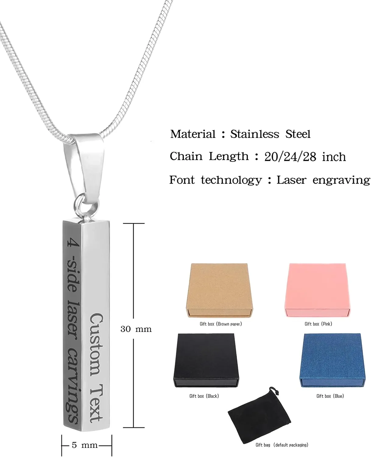 Custom Name Bar Pendant, Personalized Name Bar Necklaces for Women, Silver Personalized 4 Sided Vertical 3D Engraved Bar Necklace Jewelry Gift