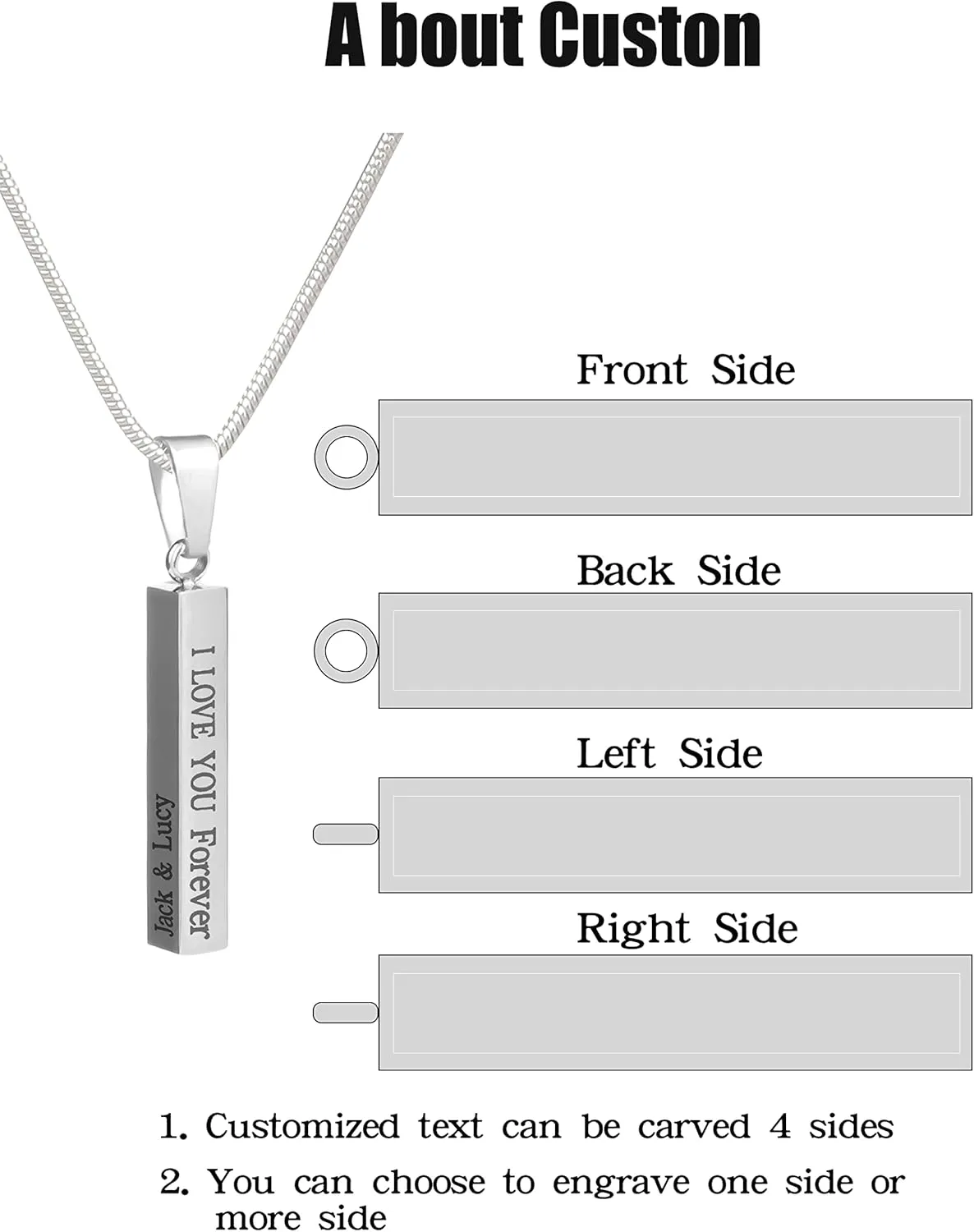 Custom Name Bar Pendant, Personalized Name Bar Necklaces for Women, Silver Personalized 4 Sided Vertical 3D Engraved Bar Necklace Jewelry Gift