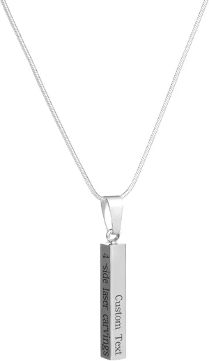 Custom Name Bar Pendant, Personalized Name Bar Necklaces for Women, Silver Personalized 4 Sided Vertical 3D Engraved Bar Necklace Jewelry Gift