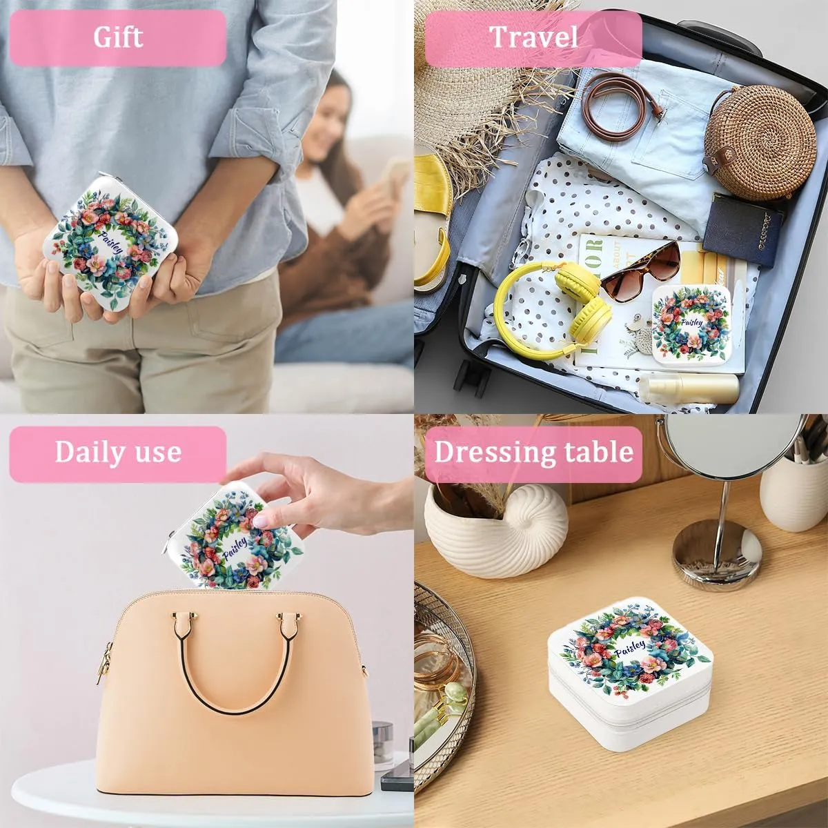 Custom Name Mini Jewelry Case with Mirror, Flower Wreath Red Floral Green Leaves Personalized Small Jewelry Organizer Portable with Zipper, Personalized your Name/Text