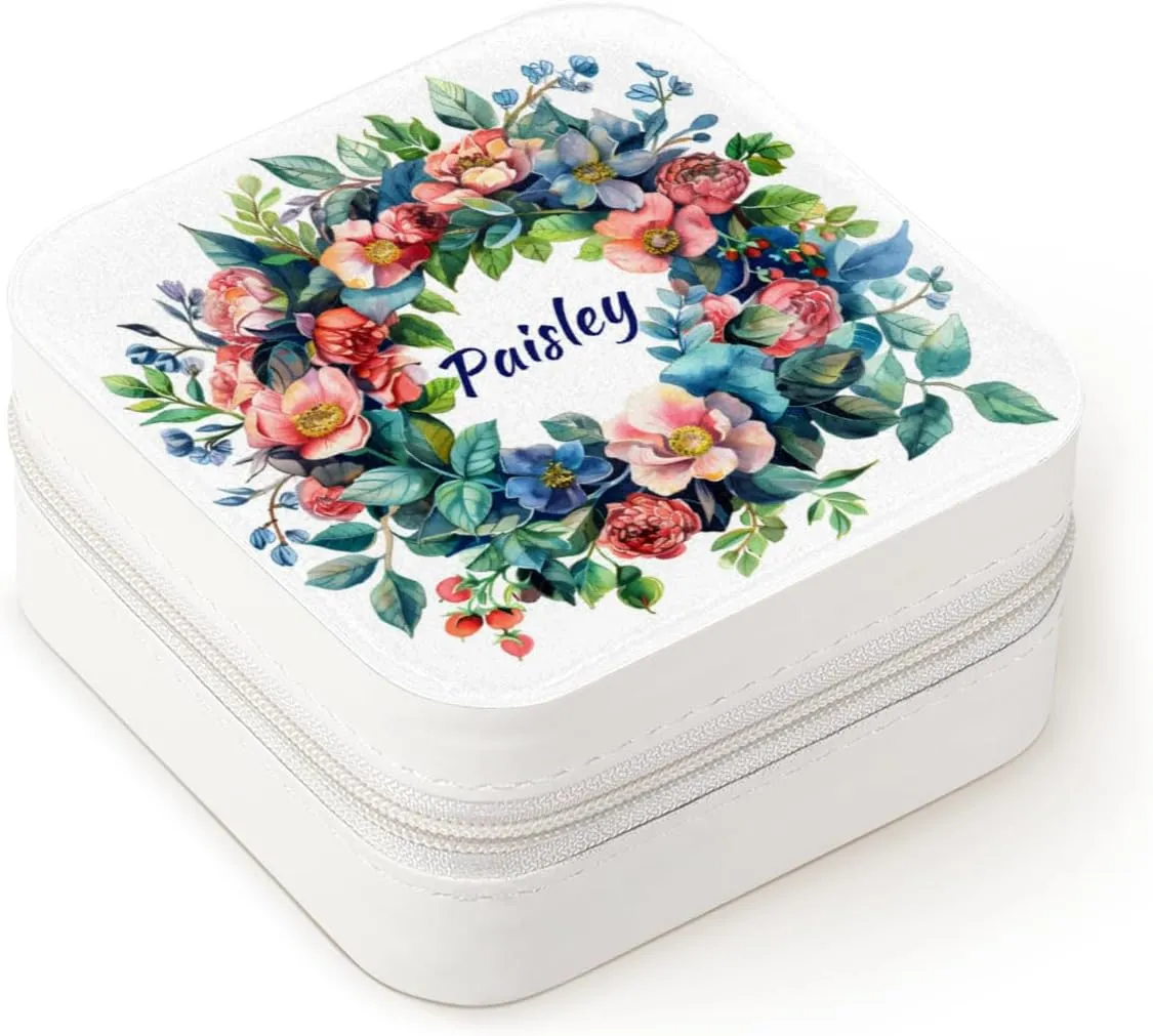 Custom Name Mini Jewelry Case with Mirror, Flower Wreath Red Floral Green Leaves Personalized Small Jewelry Organizer Portable with Zipper, Personalized your Name/Text