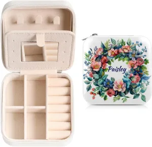 Custom Name Mini Jewelry Case with Mirror, Flower Wreath Red Floral Green Leaves Personalized Small Jewelry Organizer Portable with Zipper, Personalized your Name/Text
