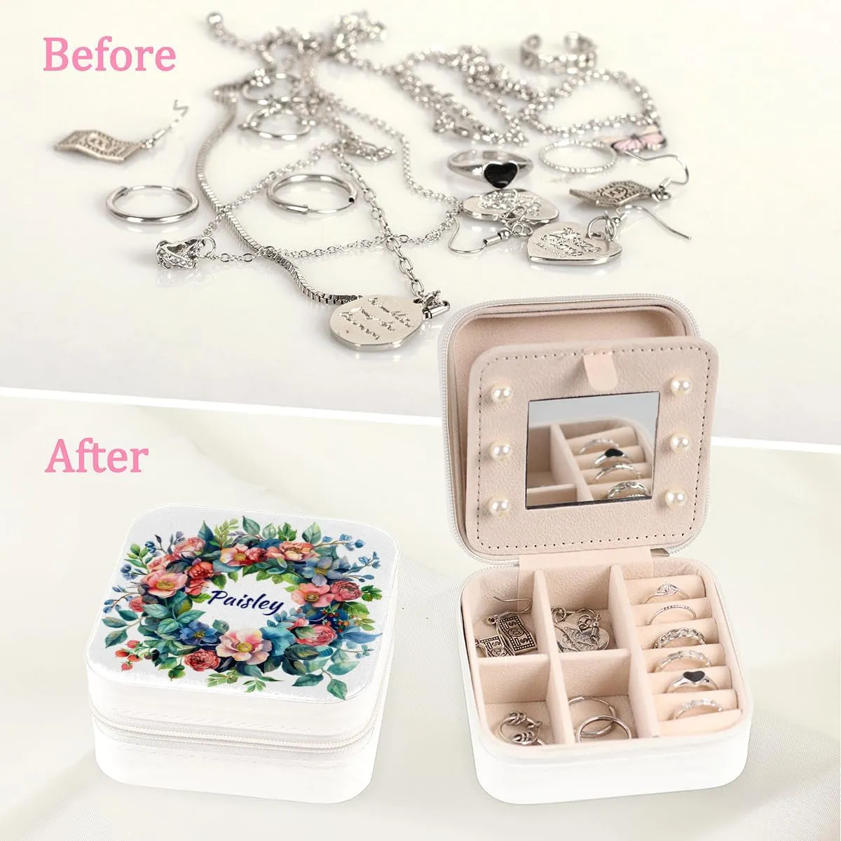 Custom Name Mini Jewelry Case with Mirror, Flower Wreath Red Floral Green Leaves Personalized Small Jewelry Organizer Portable with Zipper, Personalized your Name/Text
