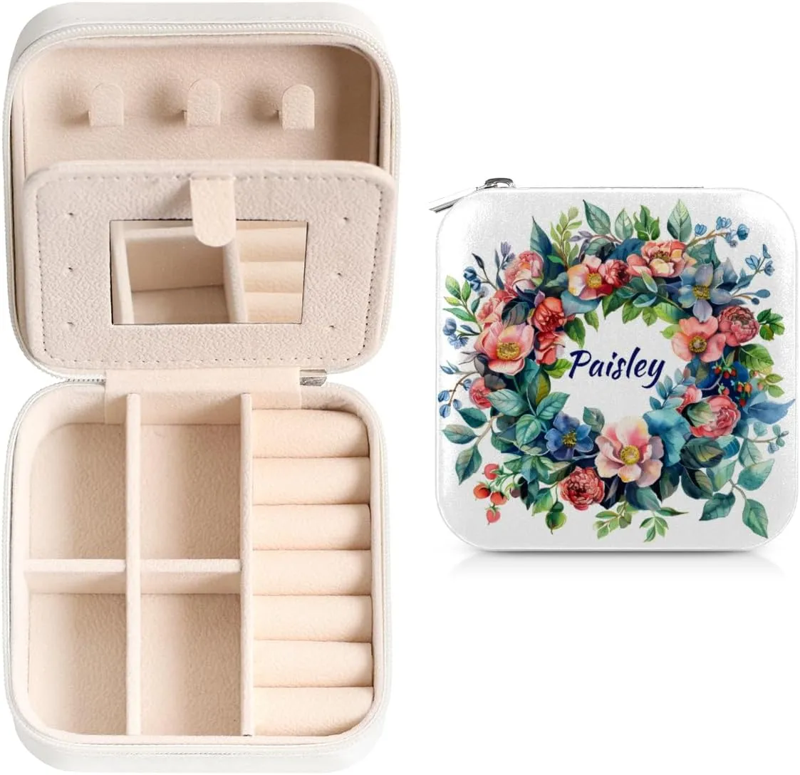 Custom Name Mini Jewelry Case with Mirror, Flower Wreath Red Floral Green Leaves Personalized Small Jewelry Organizer Portable with Zipper, Personalized your Name/Text