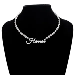 Custom Name Necklace with 6 mm Freshwater Pearl Chain,925 Sterling Silver Personalized Pearl Choker Necklace Customized Wedding Gifts for Bride Bridesmaid