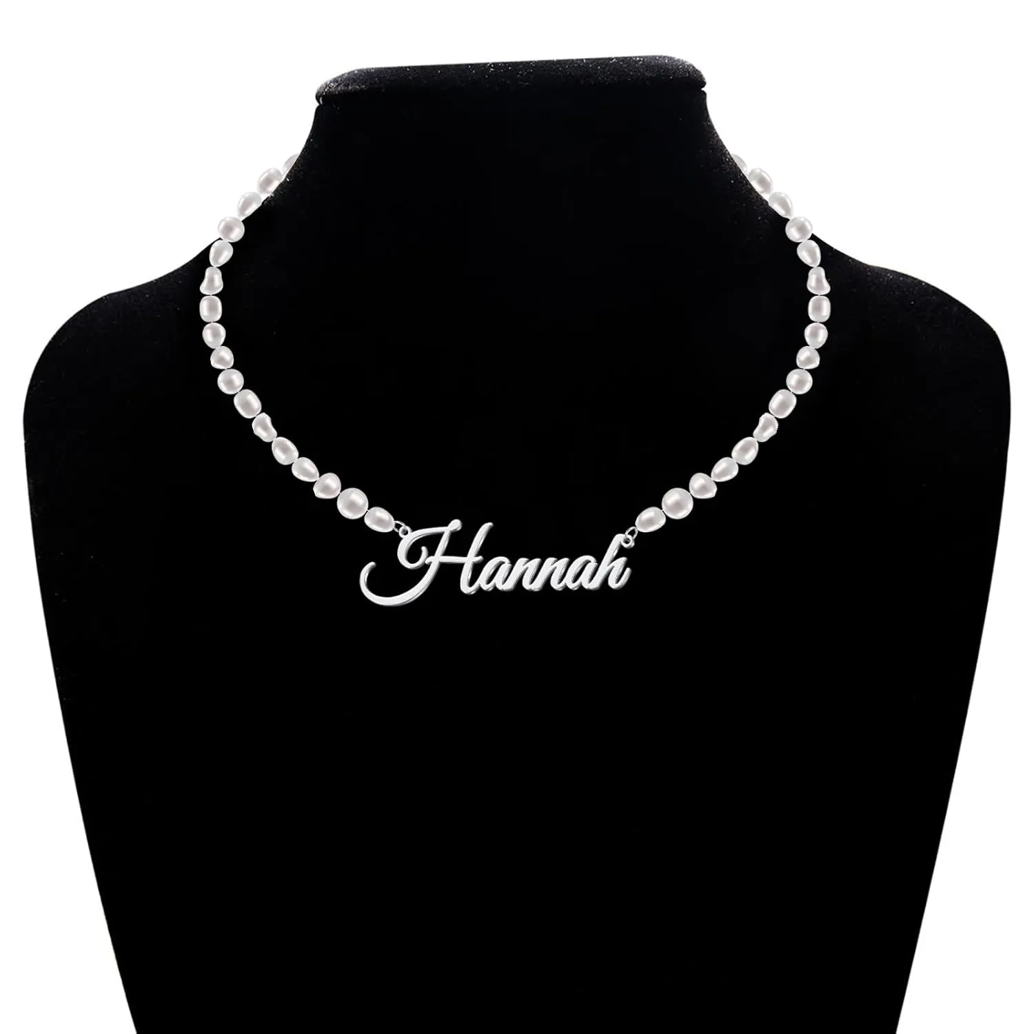 Custom Name Necklace with 6 mm Freshwater Pearl Chain,925 Sterling Silver Personalized Pearl Choker Necklace Customized Wedding Gifts for Bride Bridesmaid