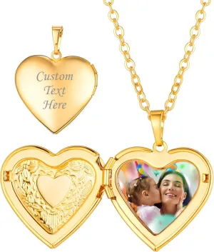 Custom4U Personalized Heart Locket Necklace with Pictures,Sunflower/Angel Wings/Heart Shaped Lockets Custom Photo,Gold/Rose Gold/White Lockets That Holds Picture,Customized Memorial Jewelry for Women