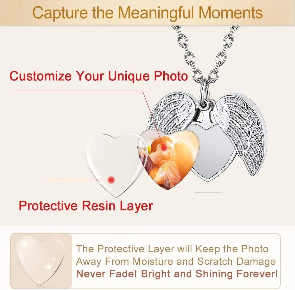 Custom4U Personalized Heart Locket Necklace with Pictures,Sunflower/Angel Wings/Heart Shaped Lockets Custom Photo,Gold/Rose Gold/White Lockets That Holds Picture,Customized Memorial Jewelry for Women