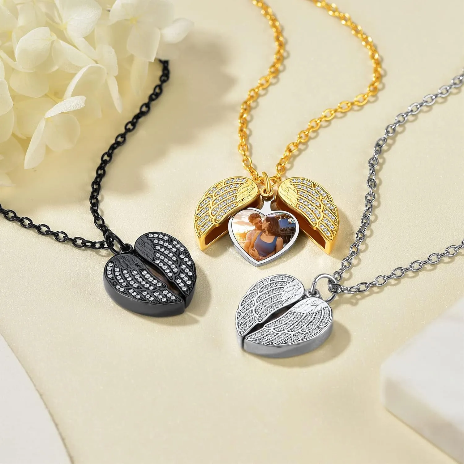 Custom4U Personalized Heart Locket Necklace with Pictures,Sunflower/Angel Wings/Heart Shaped Lockets Custom Photo,Gold/Rose Gold/White Lockets That Holds Picture,Customized Memorial Jewelry for Women