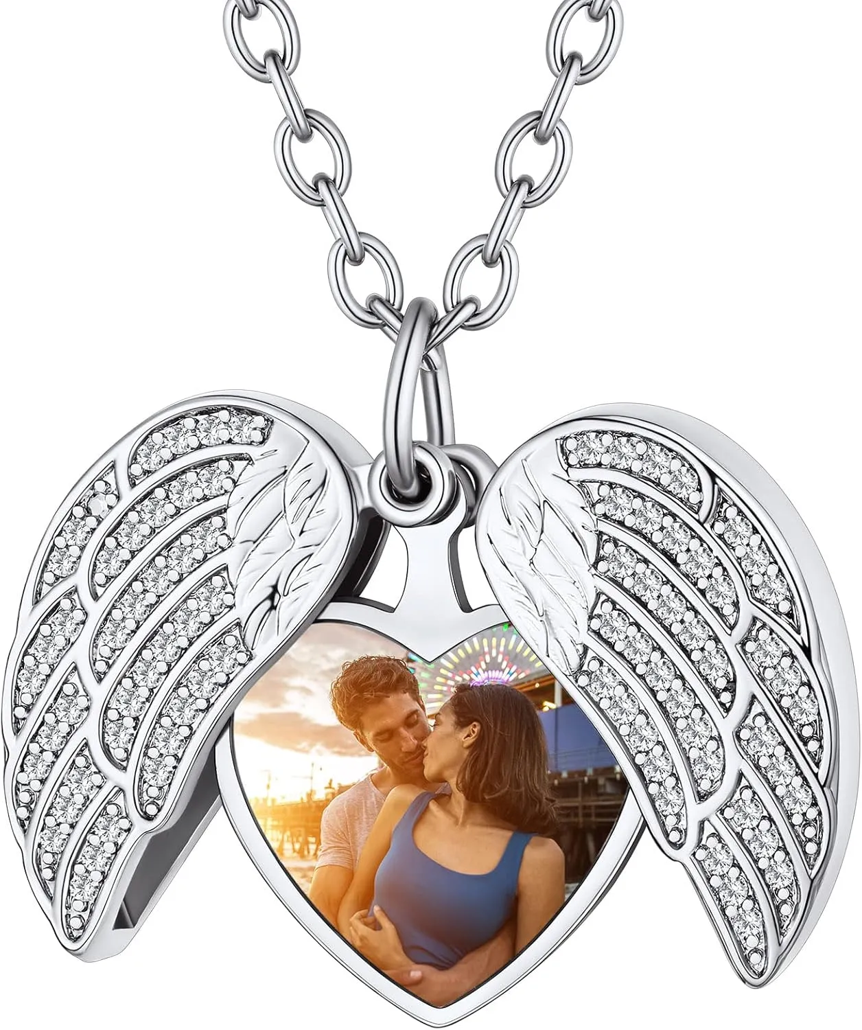 Custom4U Personalized Heart Locket Necklace with Pictures,Sunflower/Angel Wings/Heart Shaped Lockets Custom Photo,Gold/Rose Gold/White Lockets That Holds Picture,Customized Memorial Jewelry for Women