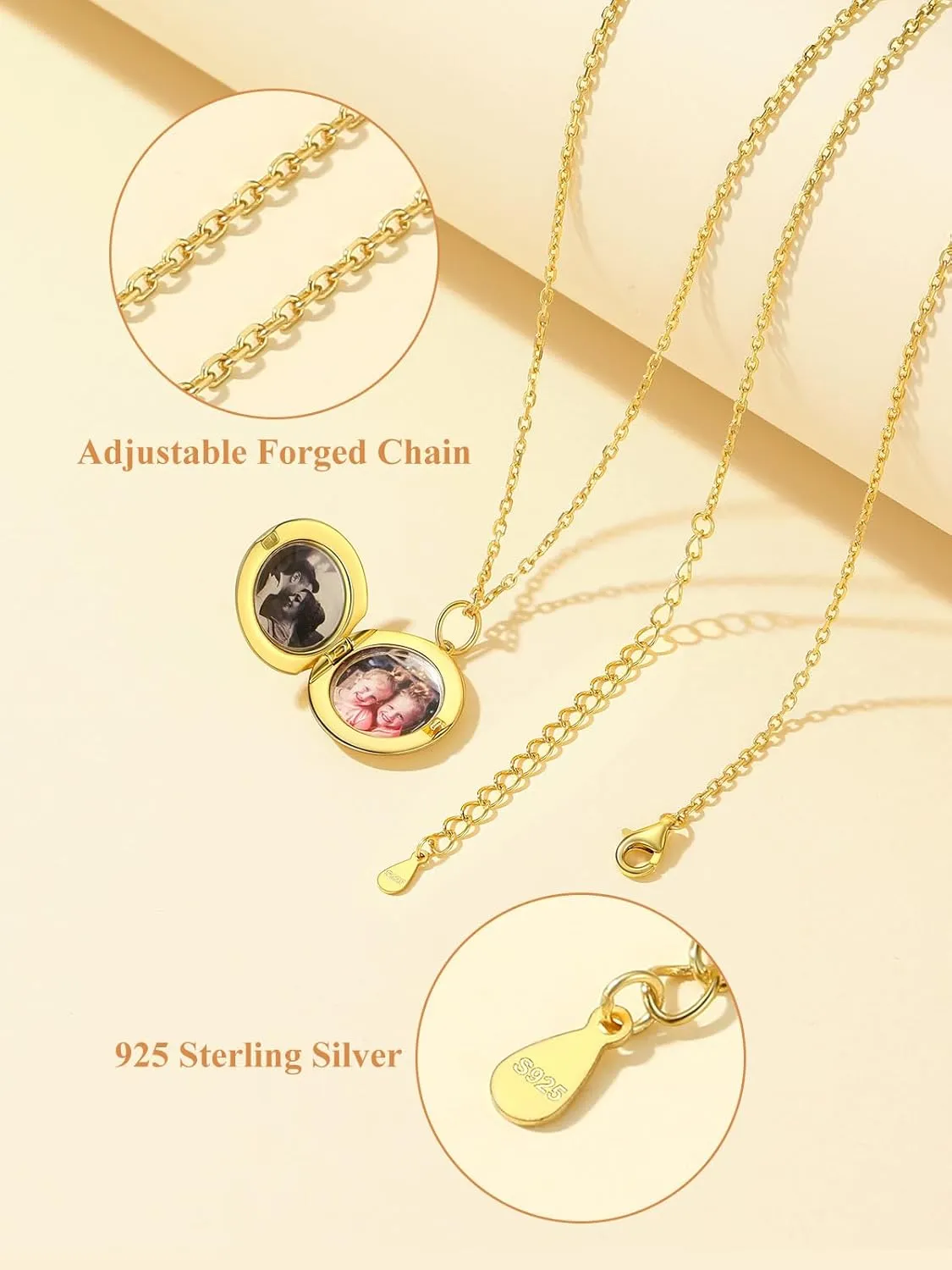 Custom4U Round/Oval Silver Locket Necklace That Holds Picture,Personalized Photo Medallion Pendant Gold 18k Plated 925 Sterling Silver   Chain 16"/18"/22",Memory Gifts for Mother Mom Women