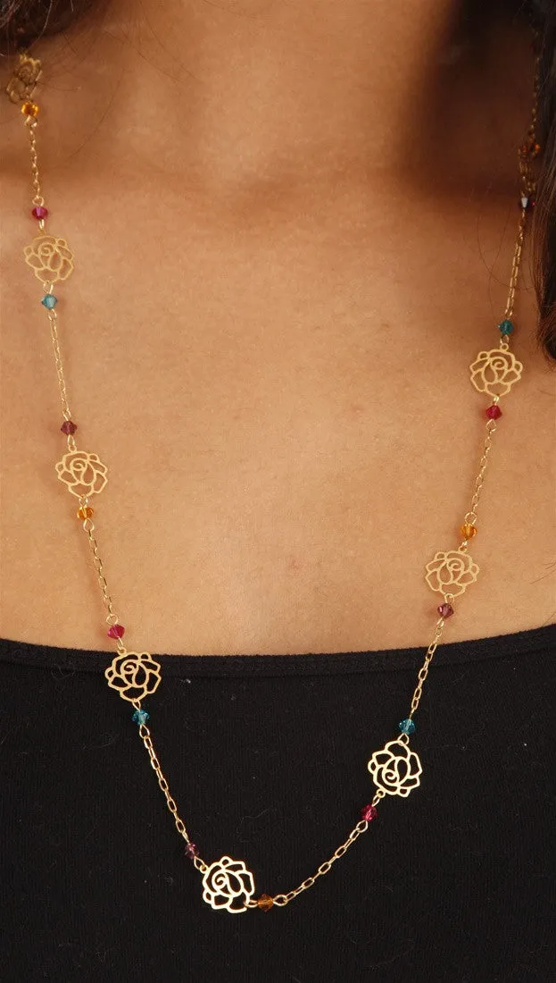 Cut Out Rose Gold Chain Link Rainbow Bead Necklace