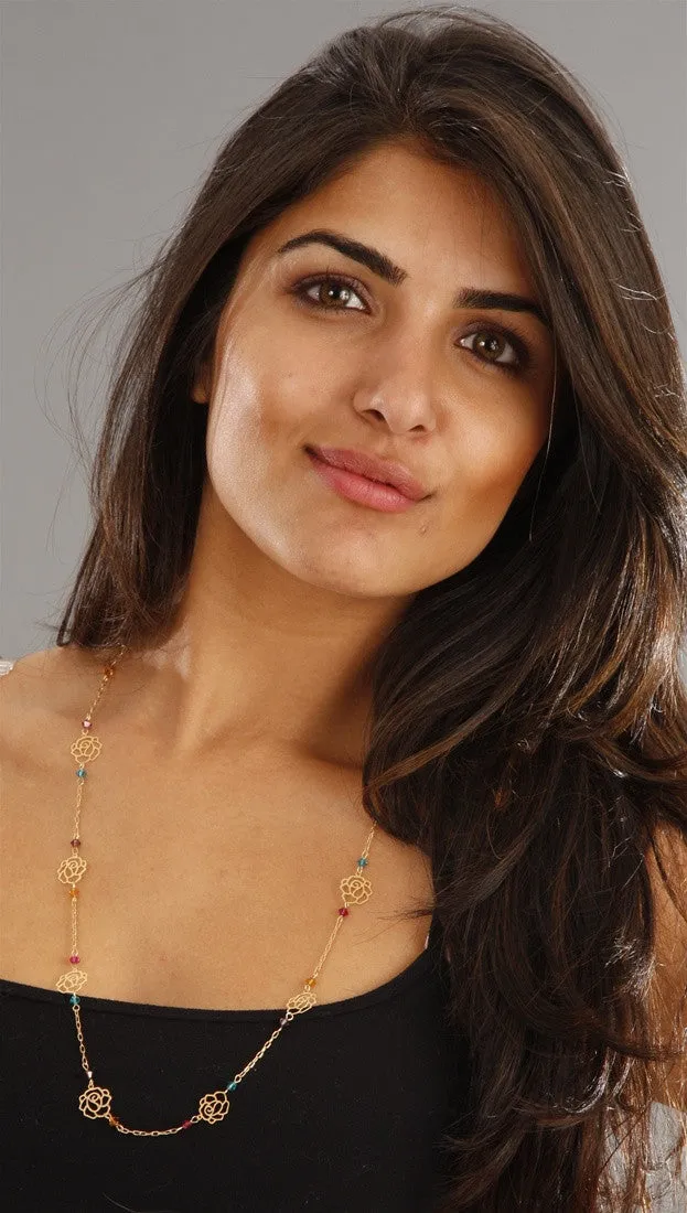Cut Out Rose Gold Chain Link Rainbow Bead Necklace