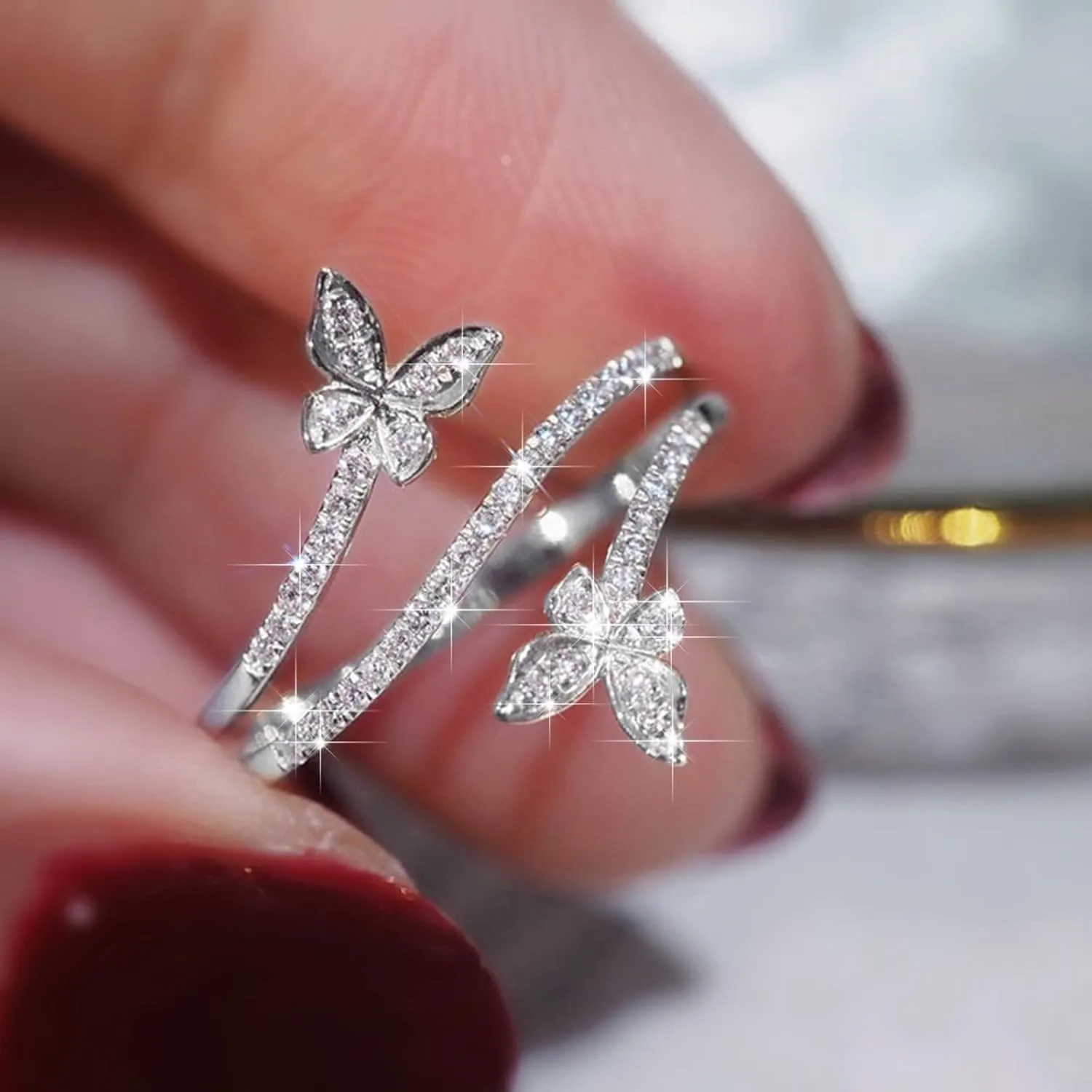 Dainty Butterfly Ring for Women Teens Girls Open Adjustable Silver Plated Butterfly Statement Ring Finger Rings