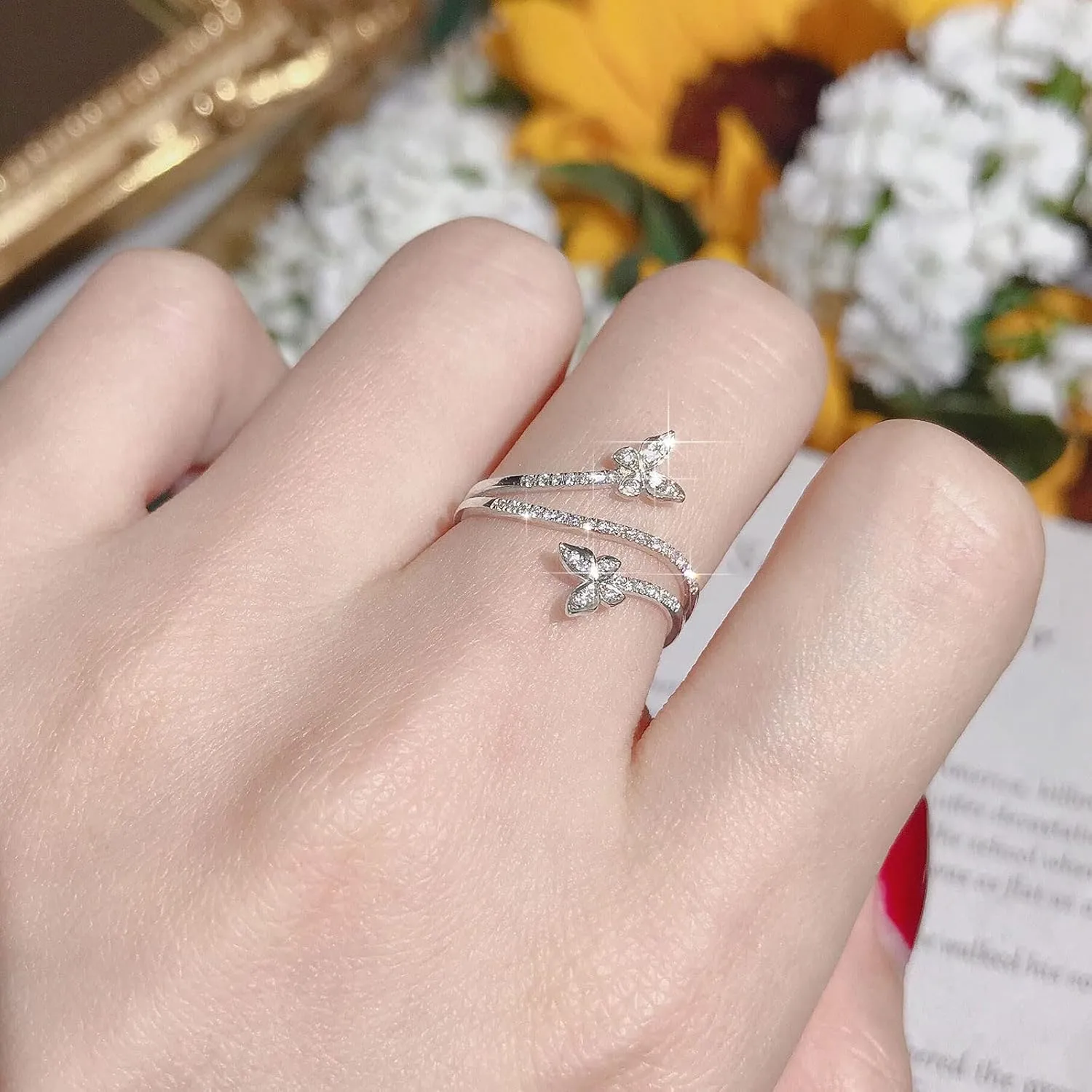 Dainty Butterfly Ring for Women Teens Girls Open Adjustable Silver Plated Butterfly Statement Ring Finger Rings