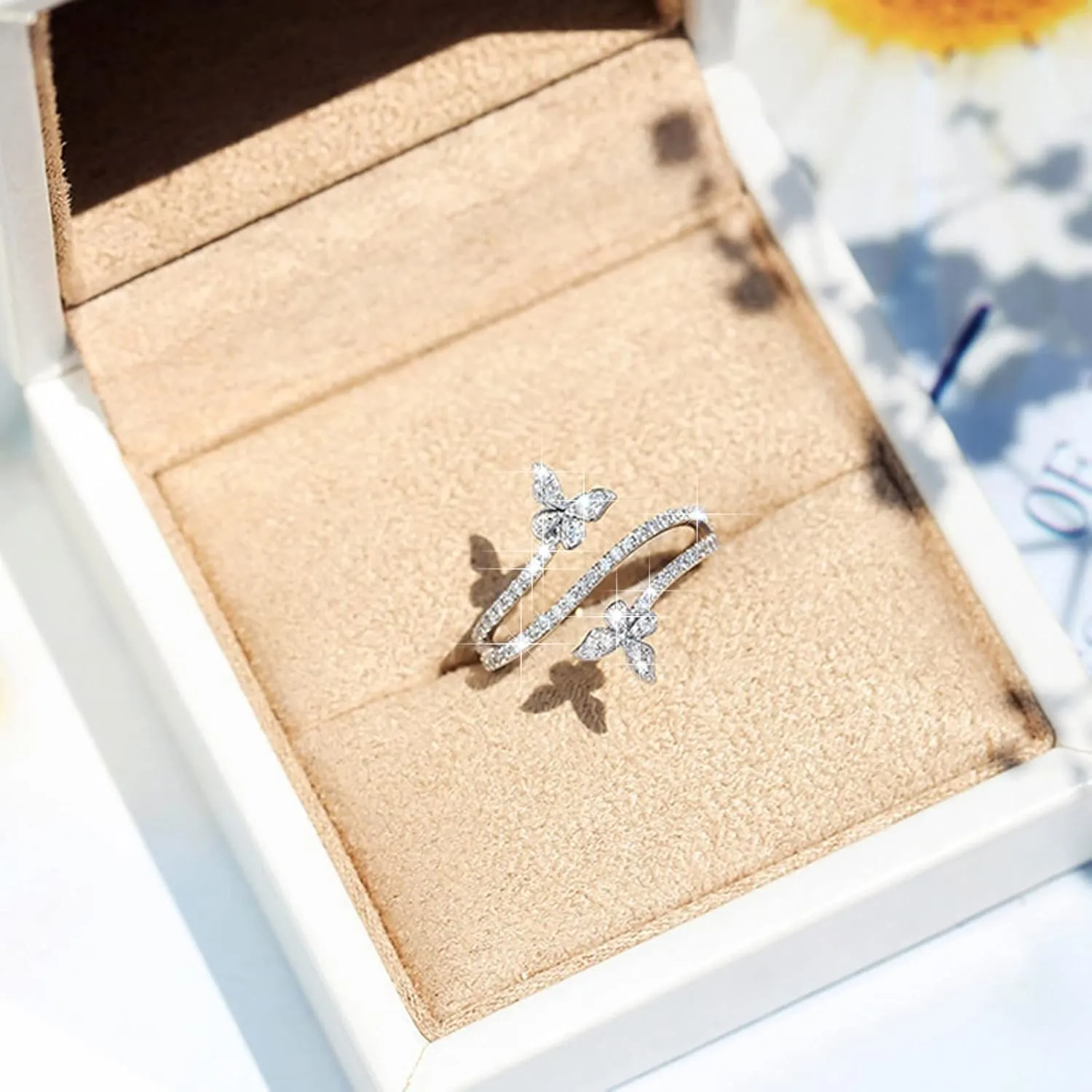 Dainty Butterfly Ring for Women Teens Girls Open Adjustable Silver Plated Butterfly Statement Ring Finger Rings