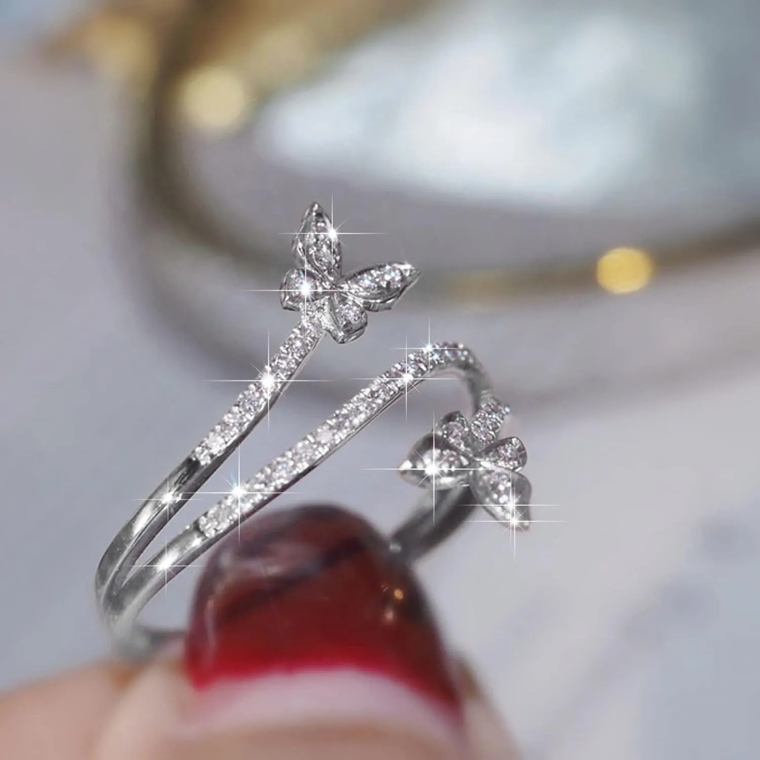 Dainty Butterfly Ring for Women Teens Girls Open Adjustable Silver Plated Butterfly Statement Ring Finger Rings